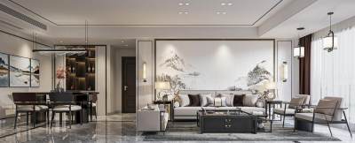 新中式家居客餐厅 沙发茶几 沙发背景墙 装饰柜